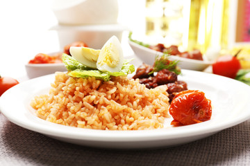 Tasty rice served on table, close-up