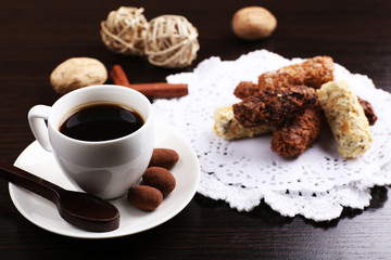 A Cup of coffee and a saucer with chocolates