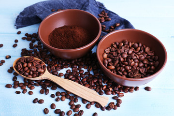 Two bowls of ground coffee and coffee beans near wooden spoon
