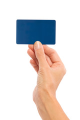 Blue card in woman's hand