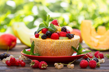 Fresh fruit salad in the melon