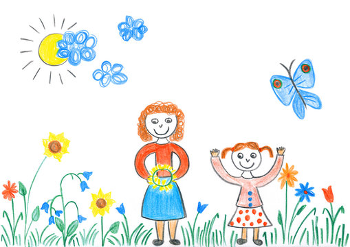 Child's drawing of girls playing with flowers on meadow.