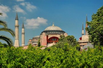 Fototapeta na wymiar Hagia Sophia Ayasofya in blue and cloudy sky