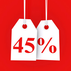 45 percent off - hanging labels on red background