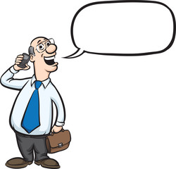 Cartoon bald businessman with mobile phone and briefcase