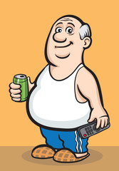 Cartoon fat retired man with beer can and tv remote