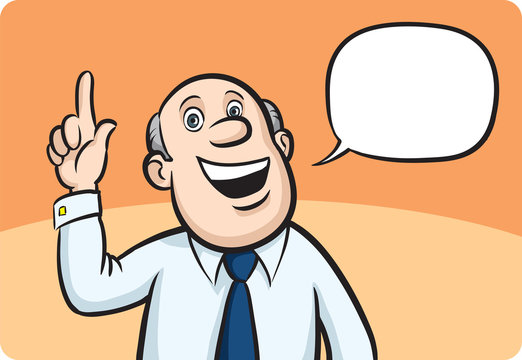 Cartoon bald businessman with speech bubble pointing finger
