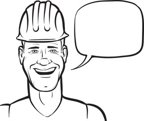 whiteboard drawing - cartoon smiling construction worker with sp