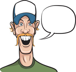 cartoon smiling man in baseball cap with speech bubble - obrazy, fototapety, plakaty