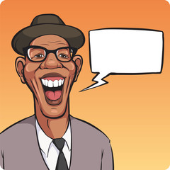 Cartoon laughing black man in hat with speech bubble