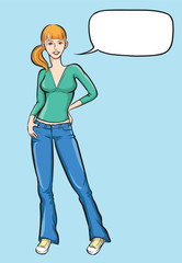 Standing girl in jeans with speech bubble