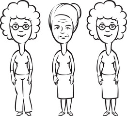 whiteboard drawing - three cartoon senior women