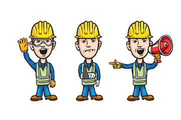 three cartoon workers with waving injured speaking