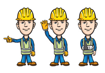 Three cartoon workers pointing waving injured
