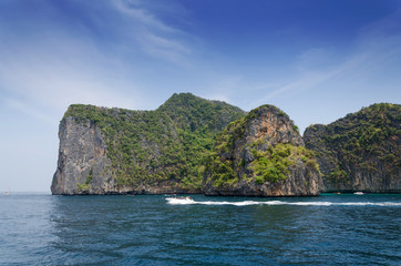 Fototapeta premium Tourist boat on ocean of Phang Nga National Park