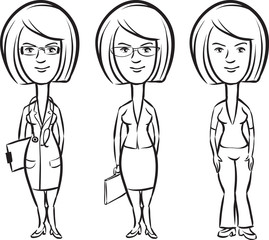 whiteboard drawing - three cartoon women professionals doctor se