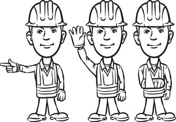 whiteboard drawing - three cartoon workers pointing waving injur