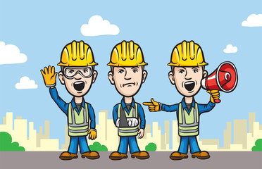 three cartoon workers with waving injured speaking
