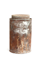 Rusty metal can isolated on white background