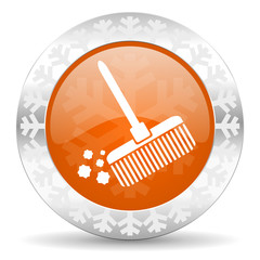 broom orange icon, christmas button, clean sign