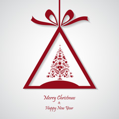 vector red christmas background with tree. cut paper design.