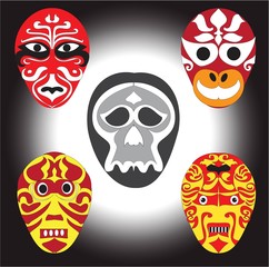 Ancient Asian style masks and skull vector logo