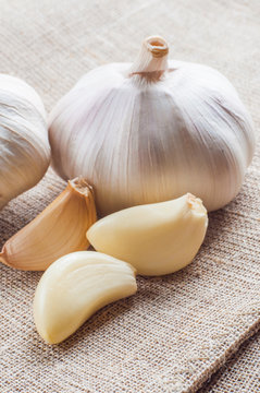 Organic garlic whole and cloves on the wooden background