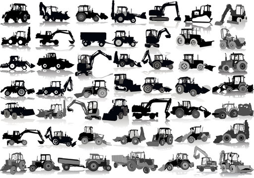 Set of 48 silhouettes of a tractors of road service