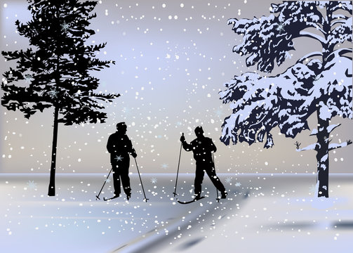 two skiers in forest under snowfall