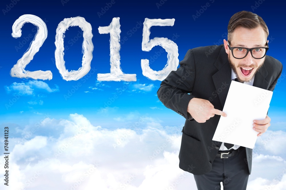 Aufkleber Composite image of geeky smiling businessman showing paper