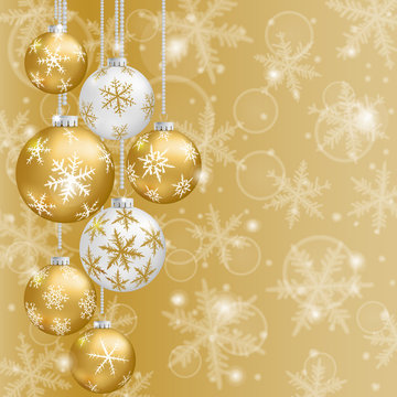 Christmas card with gold balls and snowflakes.