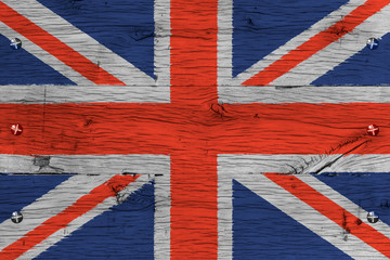 United Kingdom national flag painted old oak wood fastened