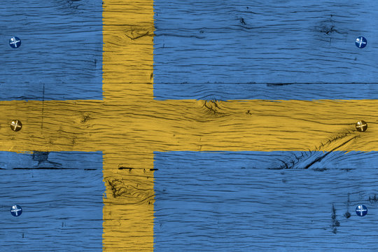 Sweden national flag painted old oak wood fastened