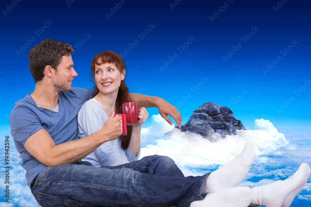 Poster composite image of couple having tea on floor