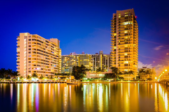 Buildings On Belle Island At Night, In Miami Beach, Florida.