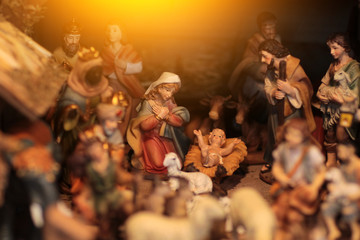 Christmas nativity scene with three Wise Men presenting gifts