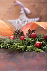 Red christmas baubles on the snow. christmas decorations