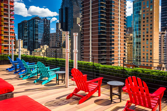 Chairs And View Of Midtown Manhattan At The Rooftop Of Pod 51, N