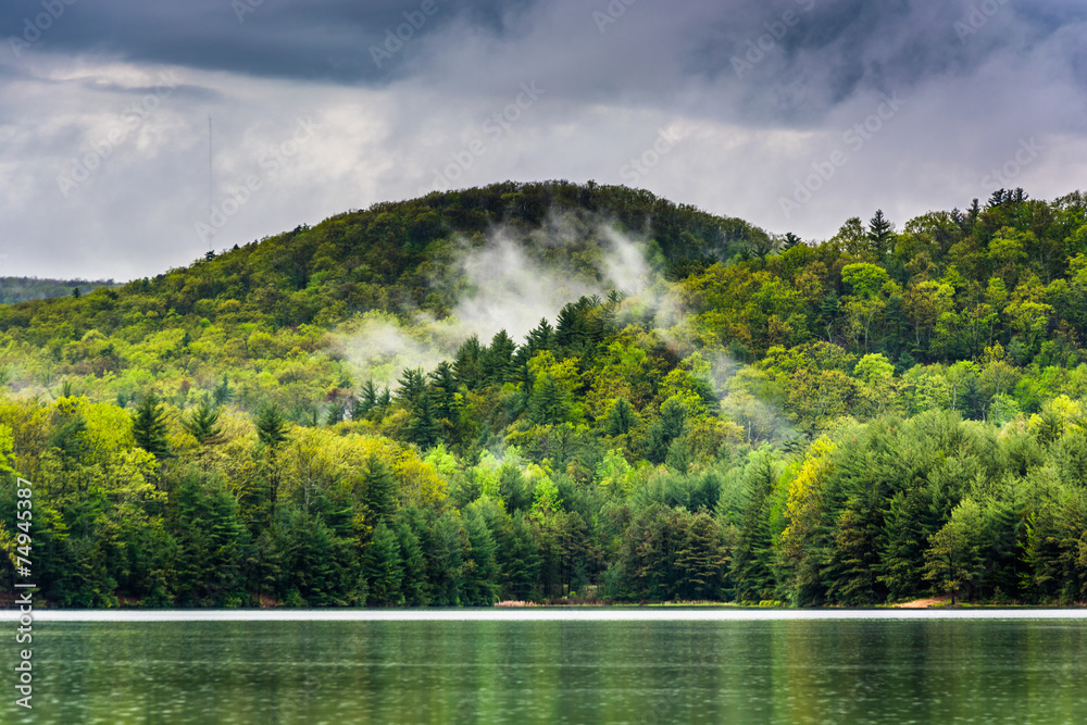 Sticker Clearing fog over mountains at Long Pine Run Reservoir, Michaux