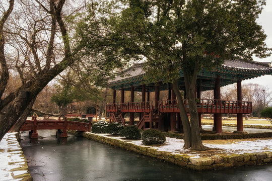Korean traditional pagoda scene in winter.