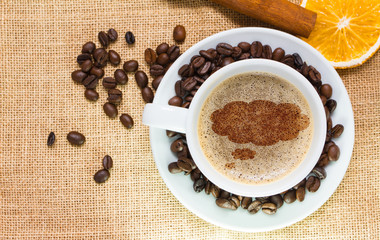 Top view of hot coffee cup with speech bubble