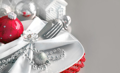 Red and silver Christmas ornaments border