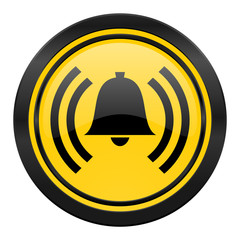 alarm icon, yellow logo, alert sign, bell symbol