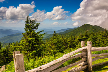 Fototapeta na wymiar Fence and view of the Appalachians from Mount Mitchell, North Ca