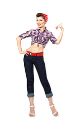 the beautiful pin-up girl, points at something