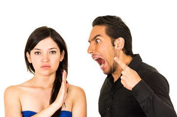 Naklejka premium young attractive woman ignoring angry husband boyfriend