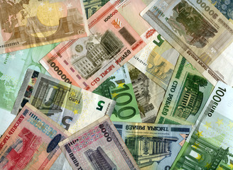 Background. Euro banknotes and Belarus currency (rubles)