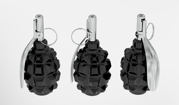 Three anti-personnel fragmentation grenades on white background