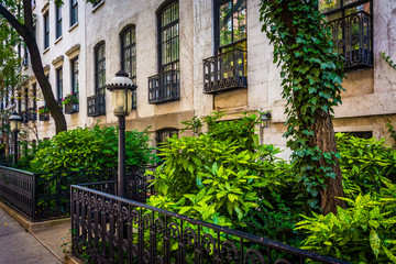 Fototapeta na wymiar Gardens and townhouses along 23rd Street in Chelsea, Manhattan,