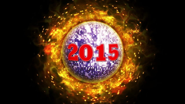 2015 New Year on Fiery Red Disco Ball Background
